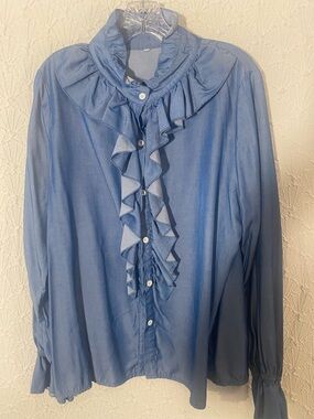 Light Blue Ruffle Front Button-Up Blouse